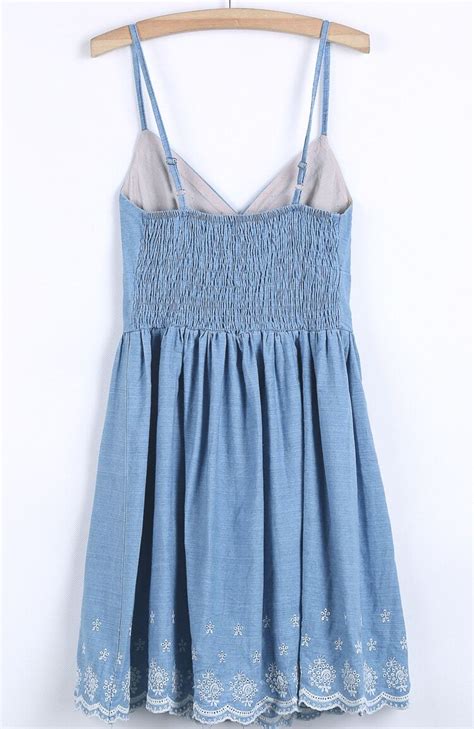 Blue Spaghetti Strap Embroidered Denim Dress Shein Sheinside