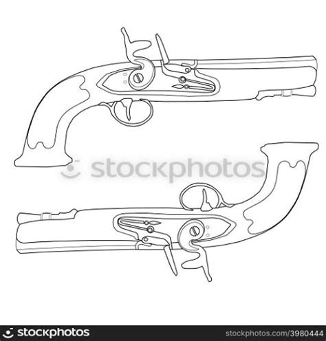 Dueling pistols of the 18th century. Sketch of two dueling pistols ...