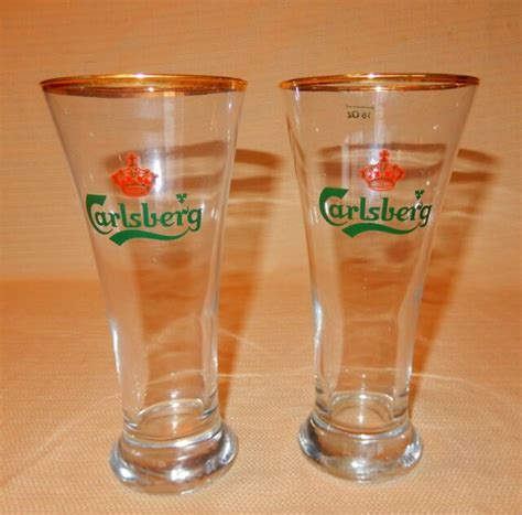 Cool Set Of 2 Vintage Carlsberg 16 Oz Gold Rimmed Pilsner Glasses Ebay