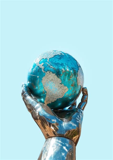 Silver Hand Holding Blue Earth Globe Against Blue Sky Sustainable