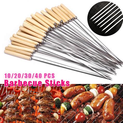 Pcs Barbecue Skewers Wooden Handle Stainless Steel Bbq Round Needle