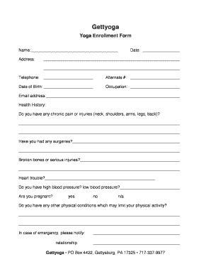 Fillable Online Yoga Enrollment Form Fax Email Print Pdffiller