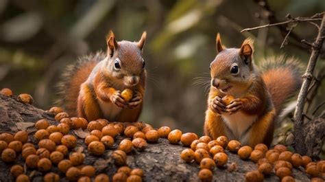 Premium AI Image Two Squirrels Eating Nuts On A Tree