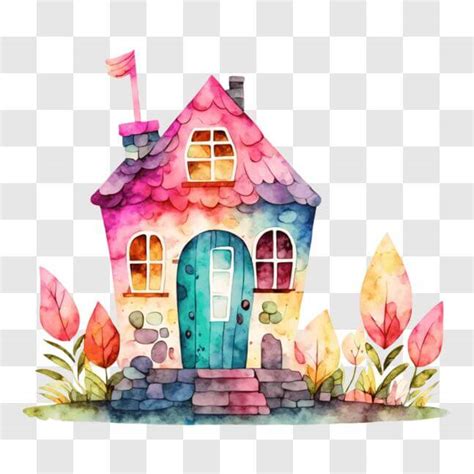 Download Whimsical Watercolor House in an Idyllic Garden PNG Online - Creative Fabrica