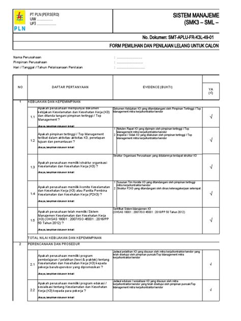 Smt Aplu K3l Fr 49 01 Form Penilaian Calon Kontraktor Lelang Pdf