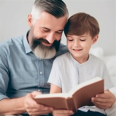 Pai e filho estão lendo um livro e sorrindo enquanto passam um tempo