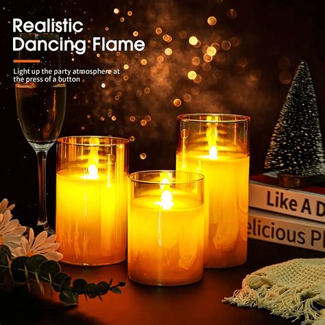 3pcs Set Amber Led Flameless Candles With Gold Glitter Glass Pillar