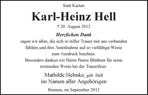 Traueranzeigen Von Karl Heinz Hell Trauer And Gedenken