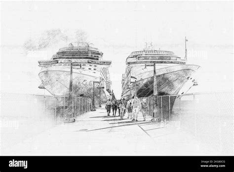 Pencil sketch drawing of two cruise ships in a port ship terminal Stock ...