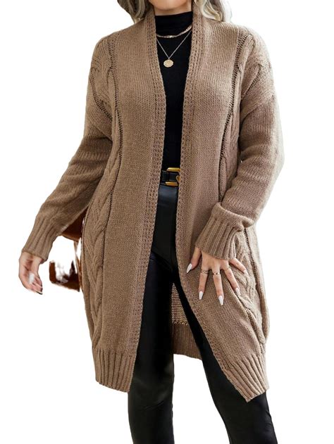 Casual Plain Long Sleeve Camel Plus Size Cardigans Womens