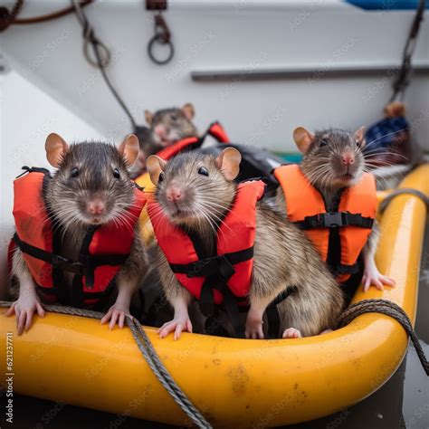 Rats With Life Jackets In A Lifeboat Are Running From A Sinking Ship