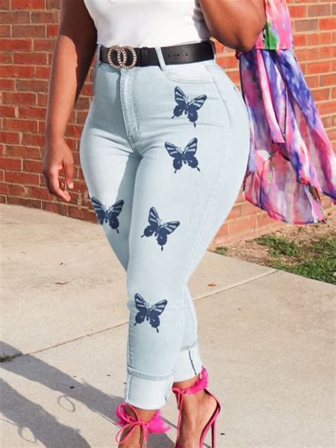 Lw Casual Butterfly Print Baby Blue Jeans Sale Lovelywholesale