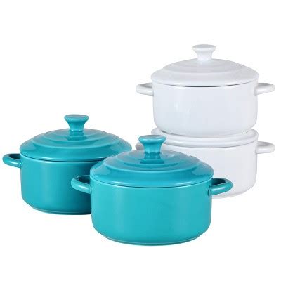 Bruntmor 272 Oz Mini Cocotte Ceramic Ramekins For Baking Teal White