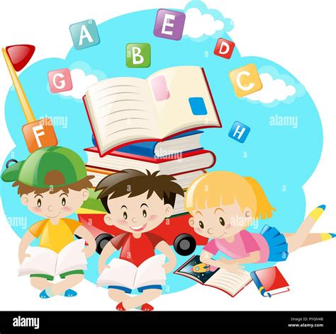 Three kids reading books illustration Stock Vector Image & Art - Alamy