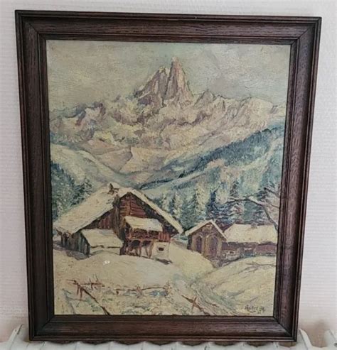 Tableau Peinture Huile Sur Toile Paysage Montagnard Hivernal Sign A