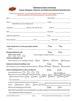 Fillable Online Ehs Okstate Medical Questionnaire Environmental