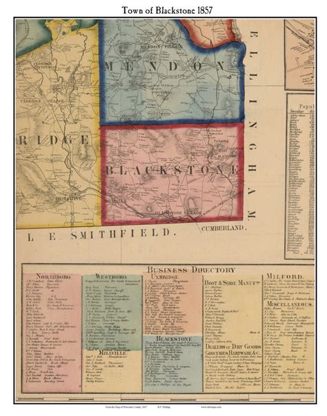 Blackstone Massachusetts 1857 Old Town Map Custom Print Worcester Co