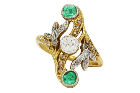 Art Nouveau Emerald And Diamond Trilogy Engagement Ring For Sale At