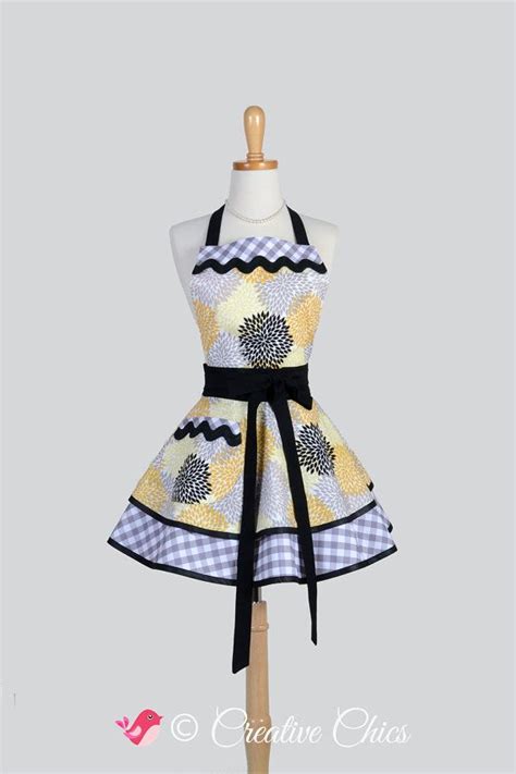 Ruffled Retro Apron Grey Yellow Gold Black White Floral And Etsy