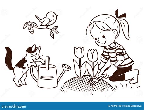 Line Cartoon Drawing of a Small Girl Gardening in Spring Stock Vector ...