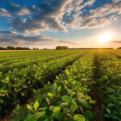 Paisagem agrícola de campo de soja de amadurecimento verde Foto Premium