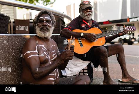 Aboriginal People Playing Music In The Street Of Darwin Australia The