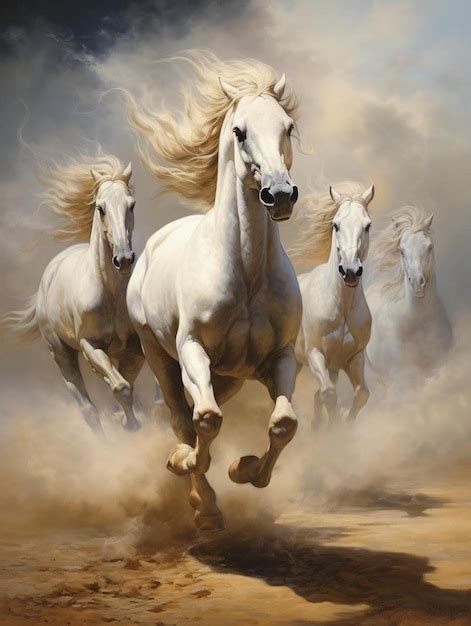 Premium AI Image | a painting of three horses running in the wild.