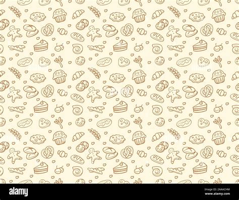 Seamless Vector Bakery Pastry Pattern In Brown Color Isolated Over