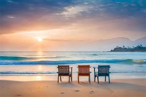 Premium Photo | Chairs on the beach with a sunset in the background