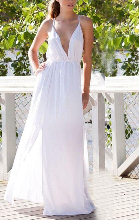 Deep Plunge Neck Backless Split Maxi White Dressfor Women Romwe