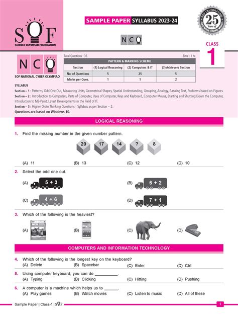 Cyber Olympiad For Class 1 Sample Question Paper 01 Olympiad Tester