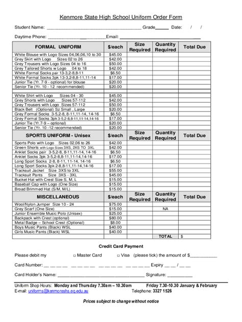 Fillable Online Fillable Online KENMORE STATE HIGH SCHOOL UNIFORM ORDER FORM Fax Email ... Fax ...