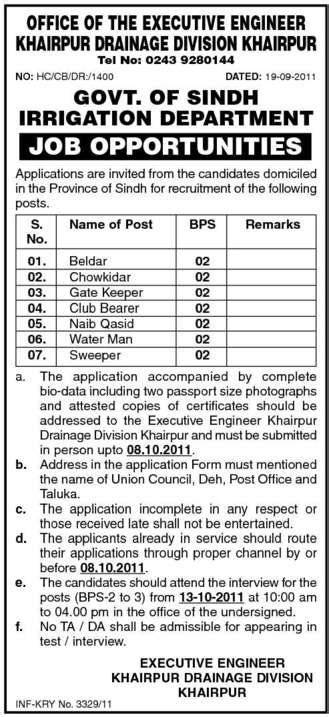 Irrigation Department Govt Of Sindh Job Opportunities In Sindh Dawn