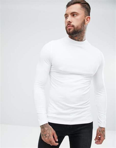 Asos Design Muscle Fit Long Sleeve Turtle Neck T Shirt With Stretch In White Asos