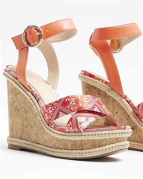 Orange Floral Crossed Wedge Sandals River Island