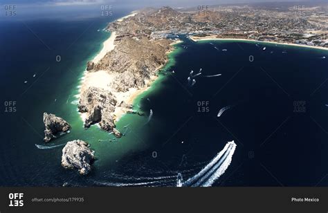 Aerial view of the Arch of Cabo San Lucas in Mexico stock photo - OFFSET