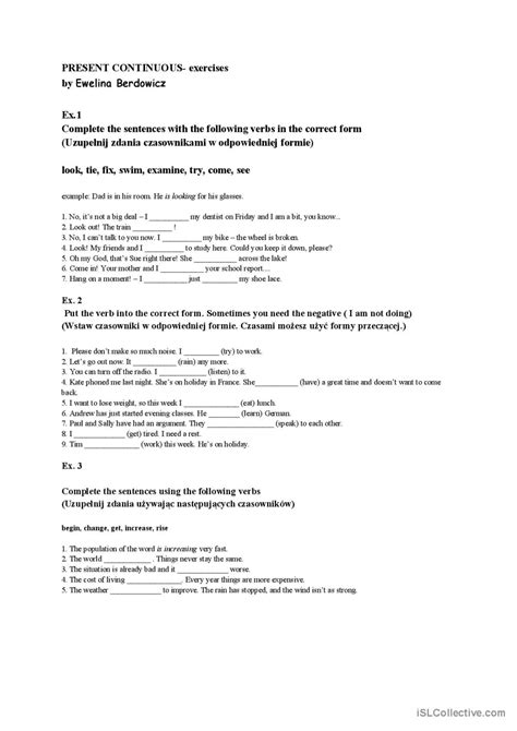 Present Continuous exercises Français FLE fiches pedagogiques pdf doc