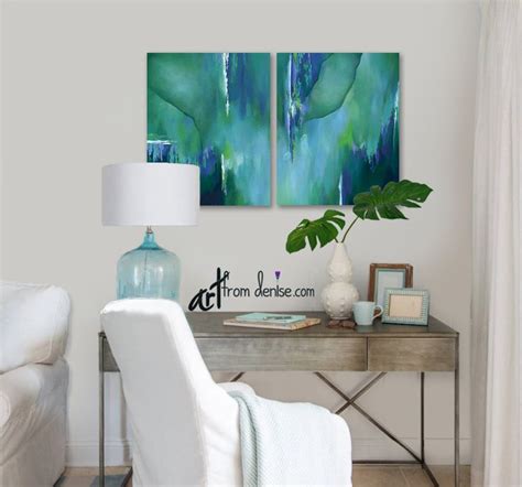 Teal Wall Art Large Abstract Painting Canvas Art Print Set Etsy