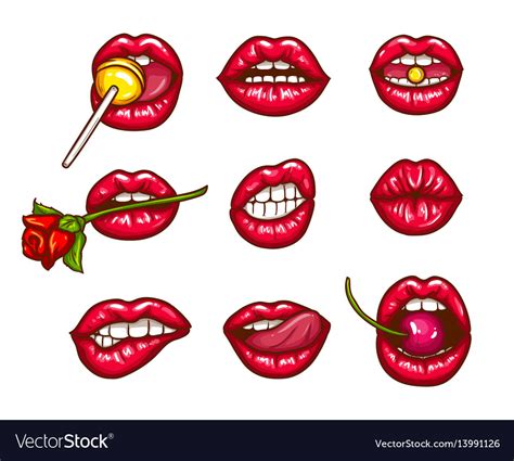 A Collection Pop Art Icons Red Female Lips Vector Image