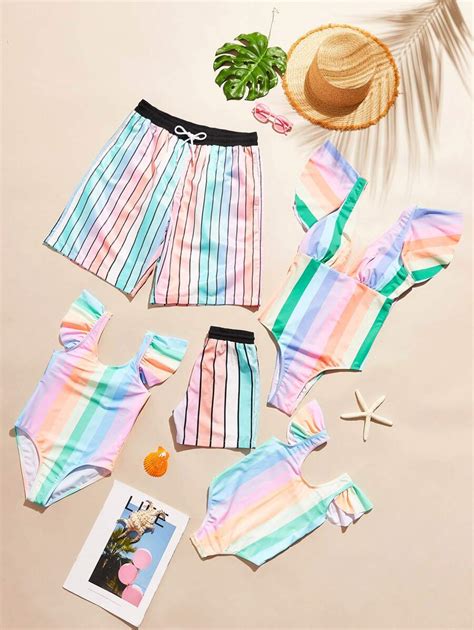 Tween Girl Rainbow Striped Ruffle Trim One Piece Swimsuit Shein Usa