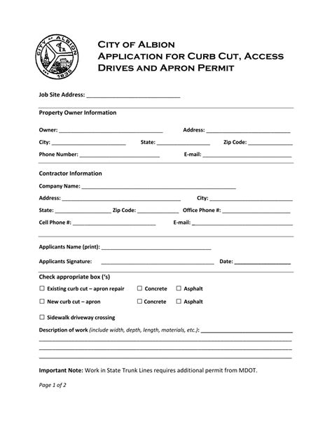 City Of Albion Michigan Application For Curb Cut Access Drives And