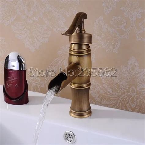 Retro Antique Brass Waterfall Spout Bathroom Basin Faucet Single Handle