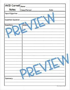 Avid Cornell Style Note Template Paper Pager Summary Printable