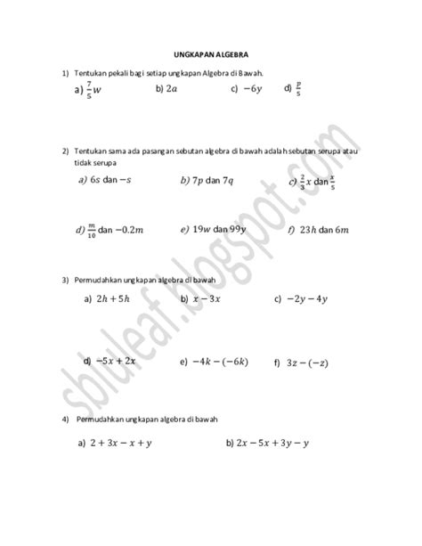 Latihan Ungkapan Algebra Tingkatan 1 Latihan Rumus Algebra Michael