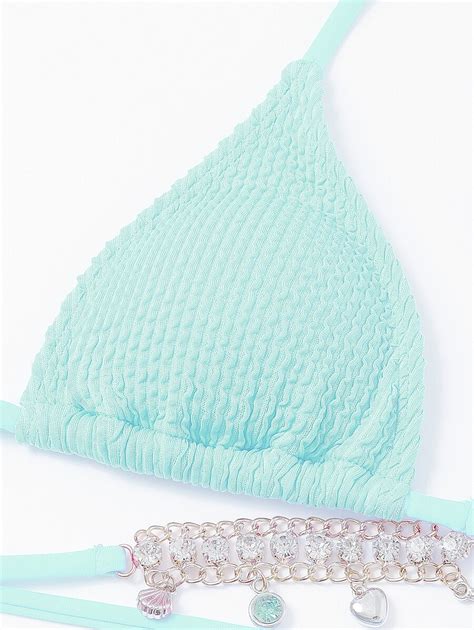 Summer Beach Textured Bikini Set Rhinestone Chain Decor Triangle Bra Top Tie Side Bikini