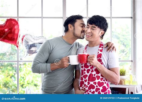 Happy Smiling LGBT Couple Sharing Special Moment Together On Valentine Day Asian Gay Male Lover