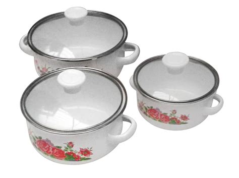 Juego De 3 Ollas Peltre Blanco Porcelanizado Tapas Vidrio 28900