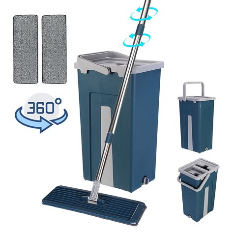 Squeeze Flat Mop Bucket System Hand Free Dry Wet Self Wringing Floor Cleaning Kit360 Degree