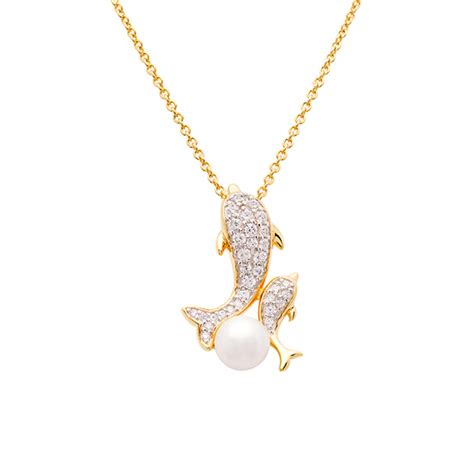 K Gold Vermeil Mother And Baby Pearl Dolphin Necklace With Cz S