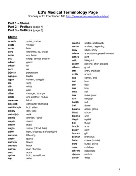 Medical Terminology Prefixes Roots Suffixes